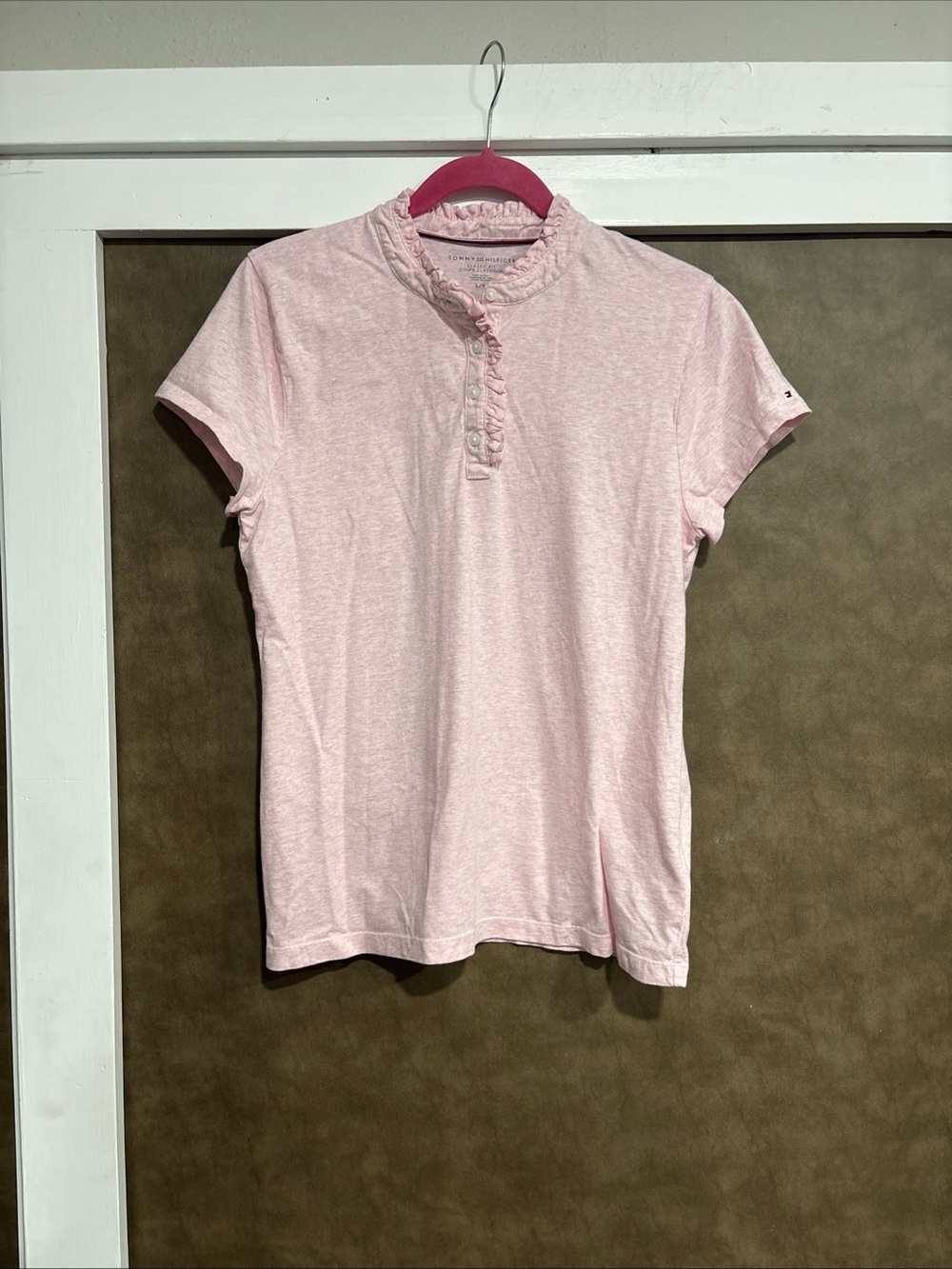 Tommy Hilfiger Pale Pink Ruffle Henley Short Sleeve Top